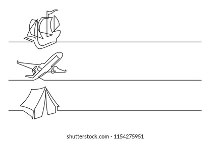 banner design - continuous line drawing of business icons: tall ship, passenger plane, tourist tent