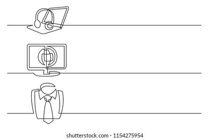 banner design - continuous line drawing of business icons: headphones with laptop computer, display with world map, business tie