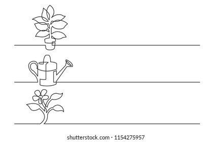 banner design - continuous line drawing of business icons: home plant, watering can, flower