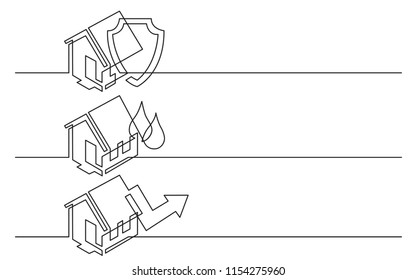 banner design - continuous line drawing of business icons: home protection, water damage, house value growth