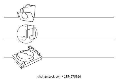 banner design - continuous line drawing of business icons: headphones, folder with music files, dj turntable