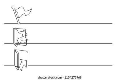 banner design - continuous line drawing of business icons: flag, folder arrows, outgoing documents