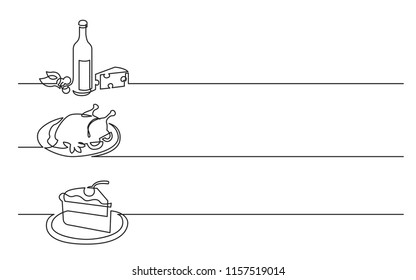 Banner Design - Continuous Line Drawing Of Business Icons: Wine Bottle With Cheese, Chicken Meal, Piece Of Cake