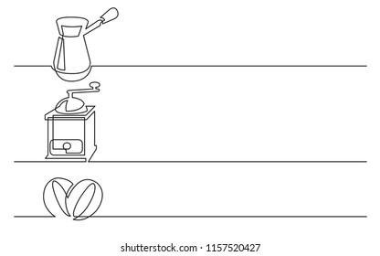 banner design - continuous line drawing of business icons: jezve, coffee grinder, beans