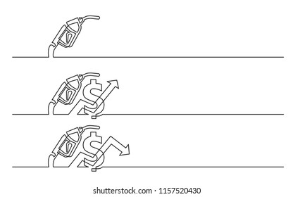 banner design - continuous line drawing of business icons: gas nozzle, gas prices diagrams