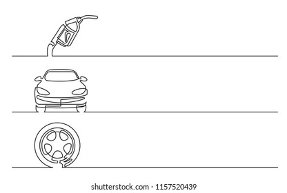 Banner Design - Continuous Line Drawing Of Business Icons: Gas Nozzle, Car, Wheel