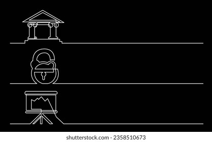 diseño de banner - dibujo continuo de línea de iconos de negocios: banco, bloqueo, pantalla de presentación con diagrama de caída