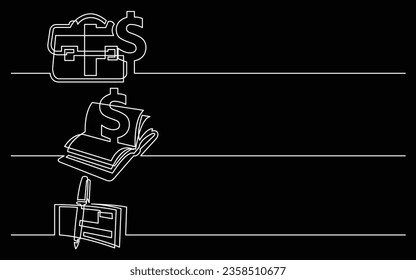 banner design - continuous line drawing of business icons: briefcase with dollar, money book, checks with pen