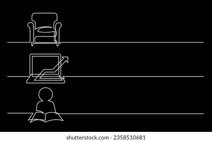 banner design - continuous line drawing of business icons: armchair, laptop computer with arrow, reader person