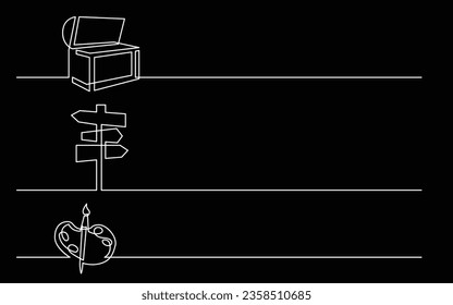 banner design - continuous line drawing of business icons: treasure chest, direction sign, artist palette