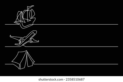 banner design - continuous line drawing of business icons: tall ship, passenger plane, tourist tent
