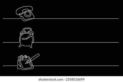 banner design - continuous line drawing of business icons: telephone, alarm clock, calendar