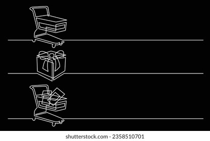banner design - continuous line drawing of business icons: shopping cart, gift box, goods