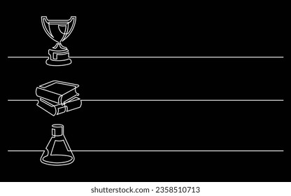 banner design - continuous line drawing of business icons: prize, workbooks, chemical flask