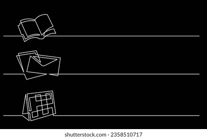 banner design - continuous line drawing of business icons: organizer, letter, calendar