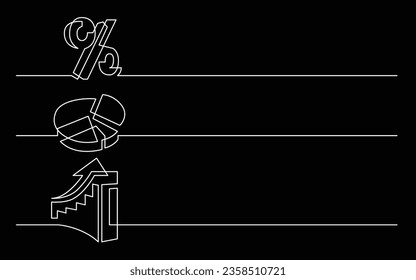 banner design - continuous line drawing of business icons: percent sign, pie chart, rising diagram