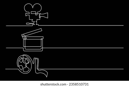 banner design - continuous line drawing of business icons: movie camera, clap board, film tape