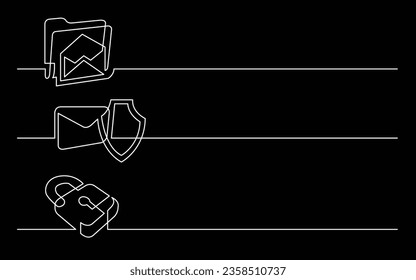 banner design - continuous line drawing of business icons: mail folder; protection shield; security lock