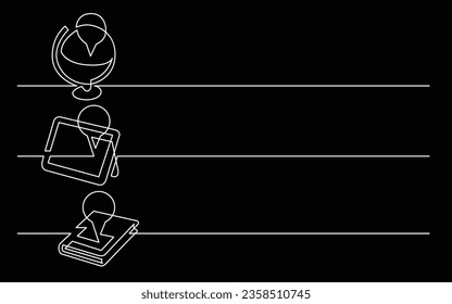 banner design - continuous line drawing of business icons: location on globe, place on tablet, map book