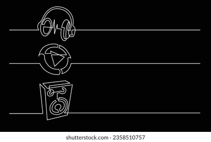 banner design - continuous line drawing of business icons: headphones, video file, audio speaker