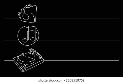 diseño de banner - dibujo continuo de línea de iconos de negocios: audífonos, carpeta con archivos de música, dj girable