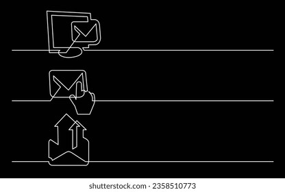 diseño de banner - dibujo continuo de línea de iconos de negocios: mensaje de correo electrónico, cursor del equipo, correo electrónico saliente
