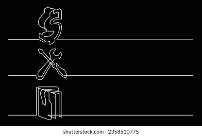 Bannerdesign - kontinuierliche Linienzeichnung von Unternehmenssymbalen: Dollarzeichen, Einstellsymbol, Dokumentordner mit Lesezeichen