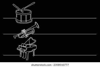 banner design - continuous line drawing of business icons: drum with drumstick, trumpet and grand piano