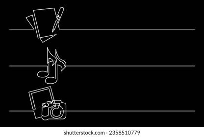 banner design - continuous line drawing of business icons: documents, music files, photos