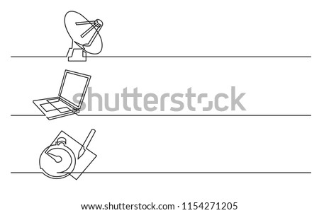 banner design - continuous line drawing of business icons: satelite antena, laptop computer, stop watch
