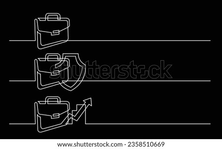 banner design - continuous line drawing of business icons: briefcase, protection of investment, investment porfolio rising value
