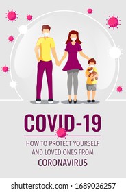 Banner design for Coronavirus, Medicine, Health care, Family. Young family in masks and viruses. A4 Vector illustration for poster, banner, flyer, cover.