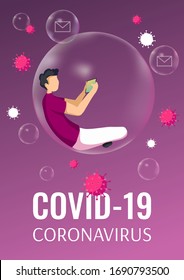 Banner design for Coronavirus, Medicine, Health care, Quarantine. Young man in bubble and viruses. A4 Vector illustration for poster, banner, cover, flyer.