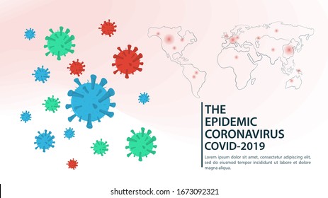 banner for design, coronavirus pandemic, COVID-2019, 2019-nCoV, distributed around the world, flat on the map background, vector illustration