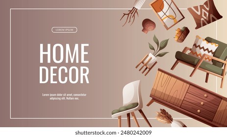 Banner design with cozy armchair, chair, chest drawers, interior decor elements. Interior design, home decor, furniture, living room concept. Vector illustration for banner, promo, advertising.