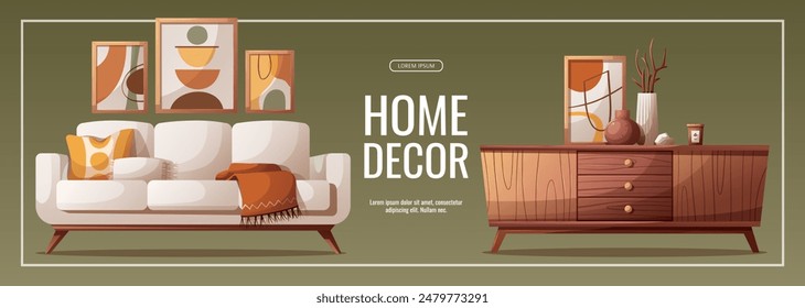 Banner design with cozy white couch and chest of drawers. Interior design, home decor, furniture, living room concept. Vector illustration for banner, advertising, promo.
