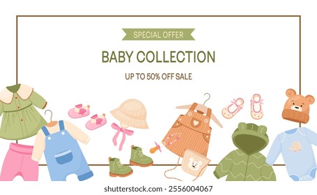 Banner design with cute baby and toddler clothes and accessories. Cozy kids wear bodysuit, jumpsuit, romper, dress and playful shoes, hats. Ideal vector illustration for sale, banner, flyer.