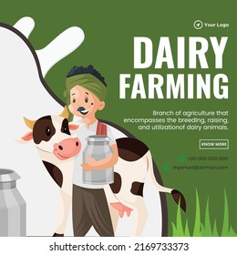 Banner Design Of Dairy Farming Cartoon Style Template.