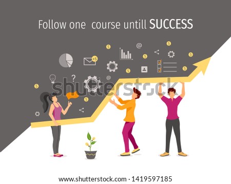Banner design of data analysis, teamwork, statistics, success, productivity and workflow. Growt chart and tiny people working in a team. Perfect for banner, business presentation, poster, flyer, cover