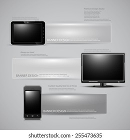 banner design with digital devices on the gray background
