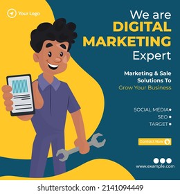 Banner design of digital marketing expert cartoon style template.