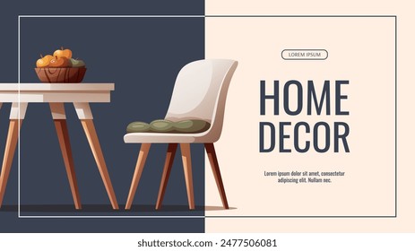 Banner design with dining table and chairs. Home interior, furniture, dining room, kitchen, cafe concept. Vector illustration for banner, advertising, promo.