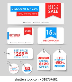 Banner design, discount and gift cards, tags on white background with ribbons. Vector illustration. Set of corporate style.