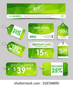 Banner Design, Discount And Gift Cards, Tags On An Emerald Background Of Geometric Polygon. Vector Illustration. Set Of Corporate Style.