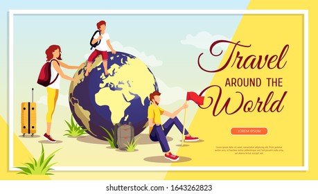 Banner design for discovery, World Tourism Day, travel agency and happy family. Parents with son sitting on the globe. Vector illustration for banner, poster, flyer, commercial, advertisement.