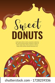 Banner Design For Donut Shop, Sweet Products, Bakery, Confectionery, Dessert, Breakfast. Donut And Hot Chocolate. A4 Vector Illustration For Poster, Banner, Flyer, Commercial, Menu. 