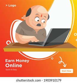 Banner design of earn money online with Indian shopkeeper working on the laptop. 
Vector graphic illustration. 