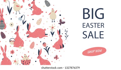 Banner design for easter sale with hand drawn elements.
Vector template for your design.