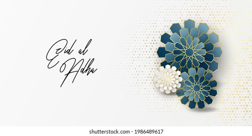 Banner design of Eid Mubarak for the celebration of Muslim community festival Eid Al Adha. Greeting card with paper art and crescent on background. Vector illustration.