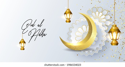 Banner design of Eid Mubarak for the celebration of Muslim community festival Eid Al Adha. Greeting card with paper art and crescent on background. Vector illustration.